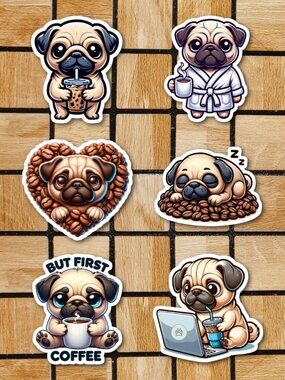 Pugs & Coffee Sticker Pack of 12 Vinyl Stickers Waterproof Die Cut Sticker Set